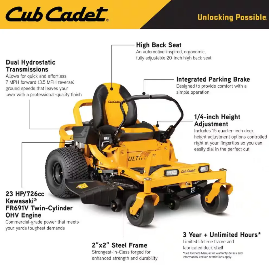Cub Cadet Ultima ZT1 50″ Zero-Turn Riding Lawn Mower – Power, Precision & Comfort Cub Cadet Ultima ZT1 50″ Zero-Turn Riding Lawn Mower – Power, Precision & Comfort