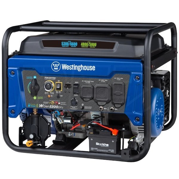Westinghouse WGen5300DFc - 5300 Watt Electric Start Dual-Fuel Portable Generator w/ Wireless Remote Start, RV Outlet & CO Sensor (49-State) Westinghouse WGen5300DFc - 5300 Watt Electric Start Dual-Fuel Portable Generator w/ Wireless Remote Start, RV Outlet & CO Sensor (49-State)