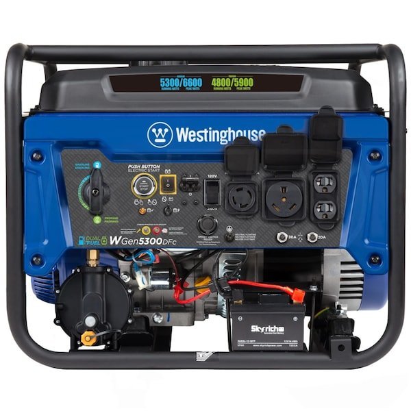 Westinghouse WGen5300DFc - 5300 Watt Electric Start Dual-Fuel Portable Generator w/ Wireless Remote Start, RV Outlet & CO Sensor (49-State) Westinghouse WGen5300DFc - 5300 Watt Electric Start Dual-Fuel Portable Generator w/ Wireless Remote Start, RV Outlet & CO Sensor (49-State)